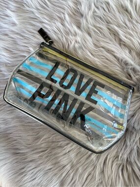 PINK Victoria's Secret Clear 'Love Pink' Blue Stripe Makeup Bag
